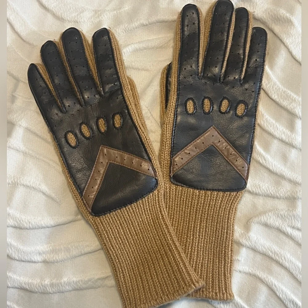 Vintage Women’s Brown and‎ Tan Leather Knit  Riding Gloves